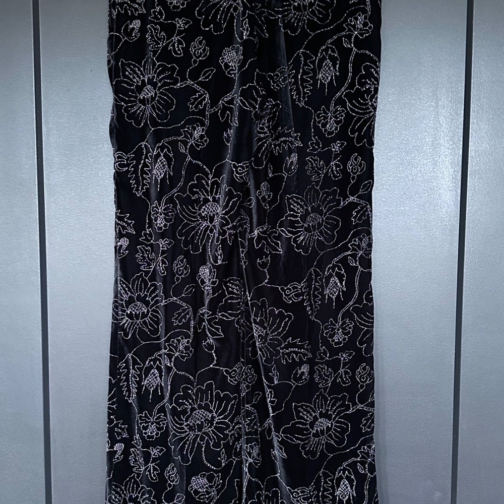NWT | The Kooples | Black Velvet Trousers with Embroidered Metallic Floral Print - Picture 8 of 11